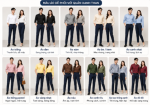 Màu áo dễ phối với quần xanh than.